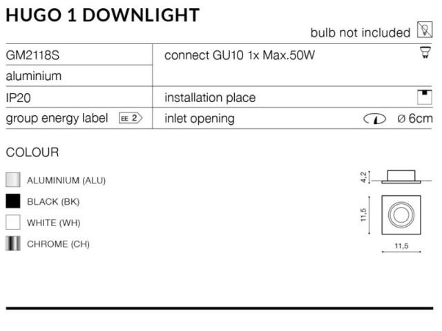 HUGO 1 DOWNLIGHT BLACK + odbłyśnik  - Oprawa wpuszczana techniczna Azzardo GM2118S ALU 2
