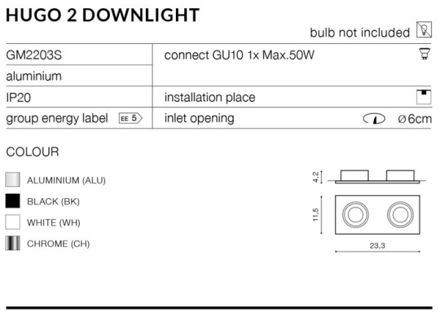 HUGO 2 DOWNLIGHT CHROME + odbłyśnik  - Oprawa wpuszczana techniczna chrom kwadrat Azzardo GM2203S