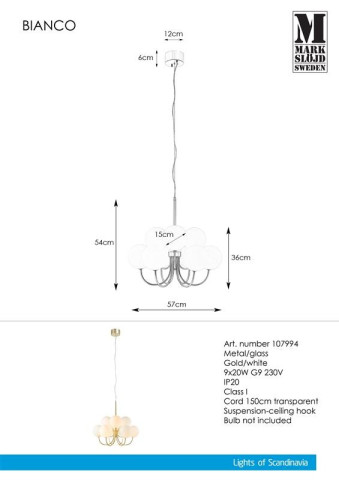 BIANCO Wisząca 9L Złoty/Biały 107994 Markslojd Żyrandol Lampa wisząca