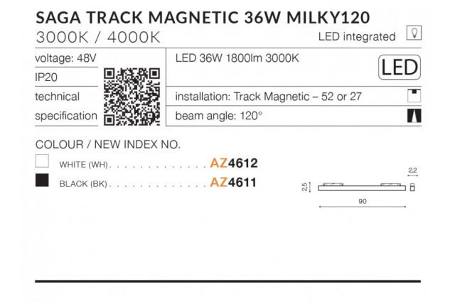 Alfa SAGA 90 TRACK MAGNETIC 36W MILKY120 AZZARDO Lampa do szynoprzewodu magnetycznego ALFA AZZARDO