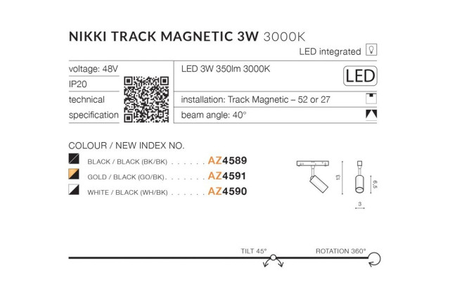 Alfa NIKKI TRACK MAGNETIC 3W AZZARDO Lampa do szynoprzewodu magnetycznego ALFA AZZARDO