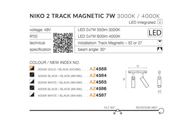 Alfa NIKO 2 TRACK MAGNETIC 2x7W AZZARDO Lampa do szynoprzewodu magnetycznego ALFA AZZARDO